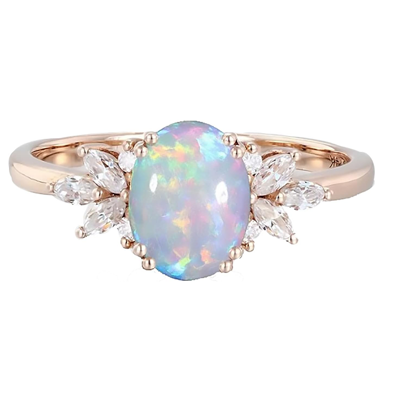 10K Rose Gold Oval Opal With Moissanite Engagement Ring-1