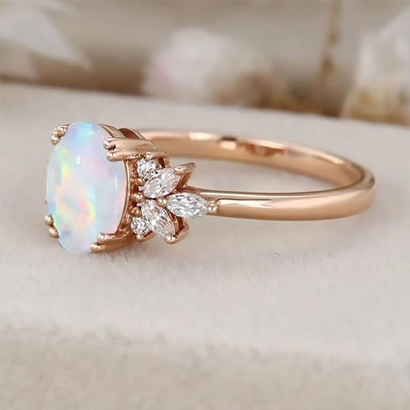 Anillo de compromiso de oro rosa de 14 quilates con ópalo ovalado y moissanita-2
