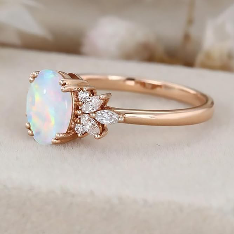 10K Rose Gold Oval Opal With Moissanite Engagement Ring-2