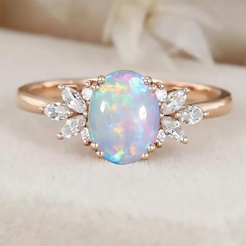 Anillo de compromiso de oro rosa de 14 quilates con ópalo ovalado y moissanita-3