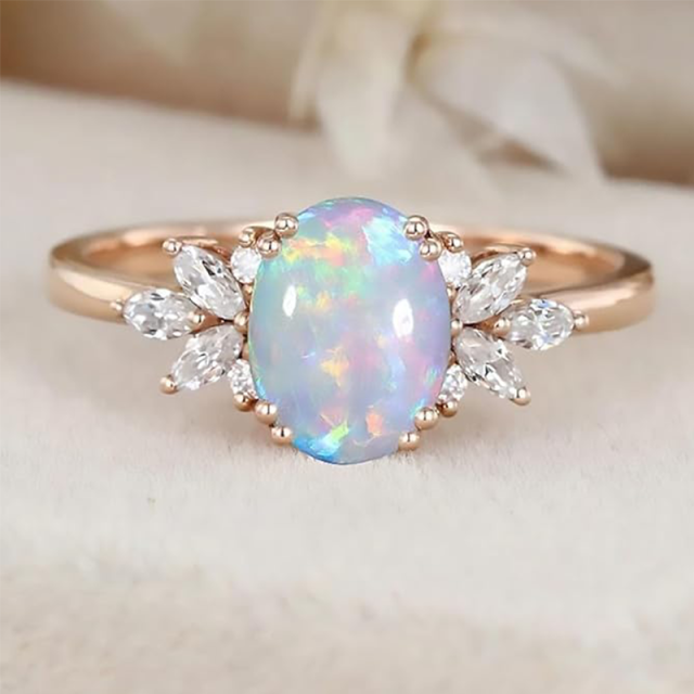 10K Rose Gold Oval Opal With Moissanite Engagement Ring-3