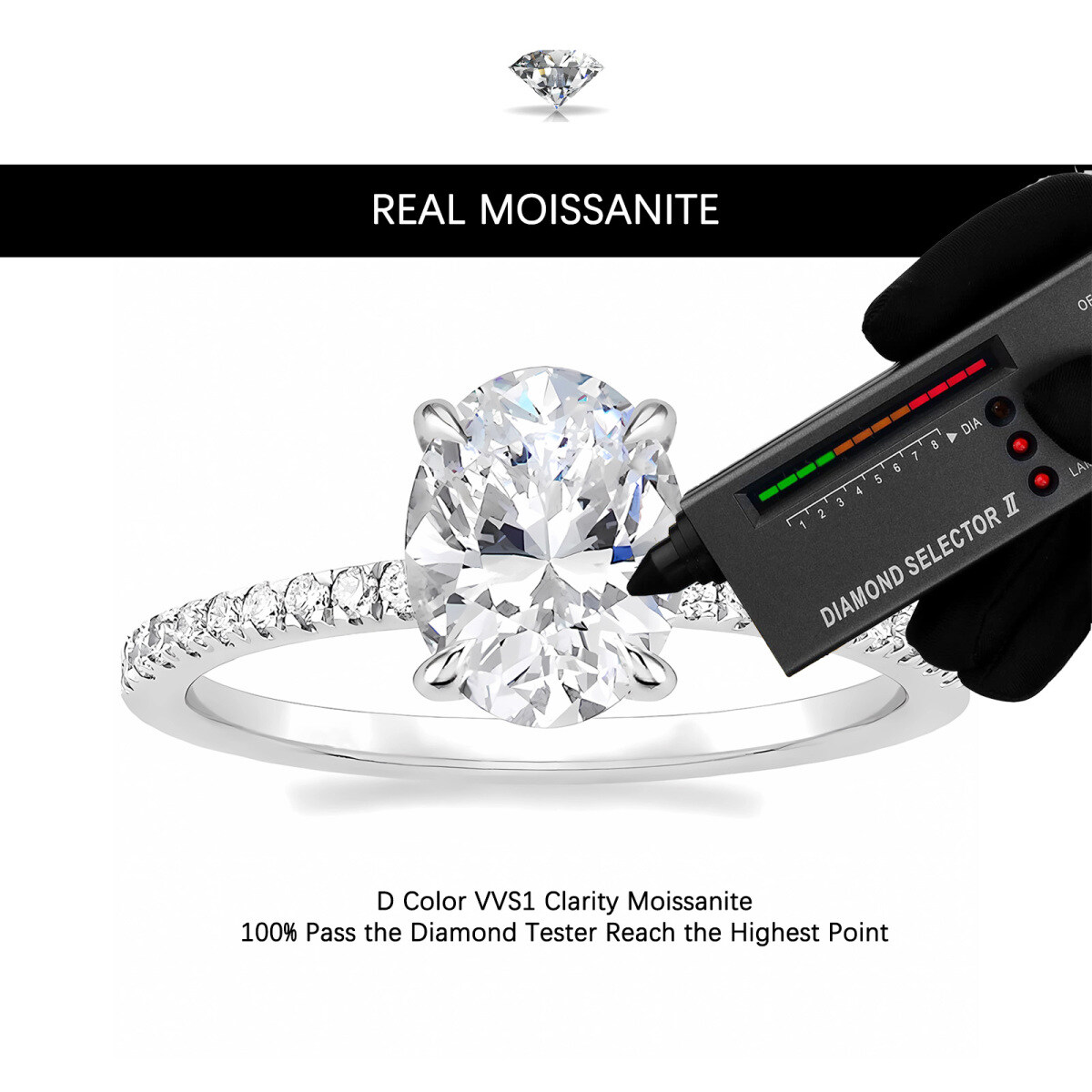 Bague Moissanite ovale en or blanc 10K-3