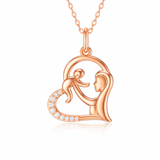 Collier pendentif parents, enfants et cœur en zircone cubique doré rose 10K