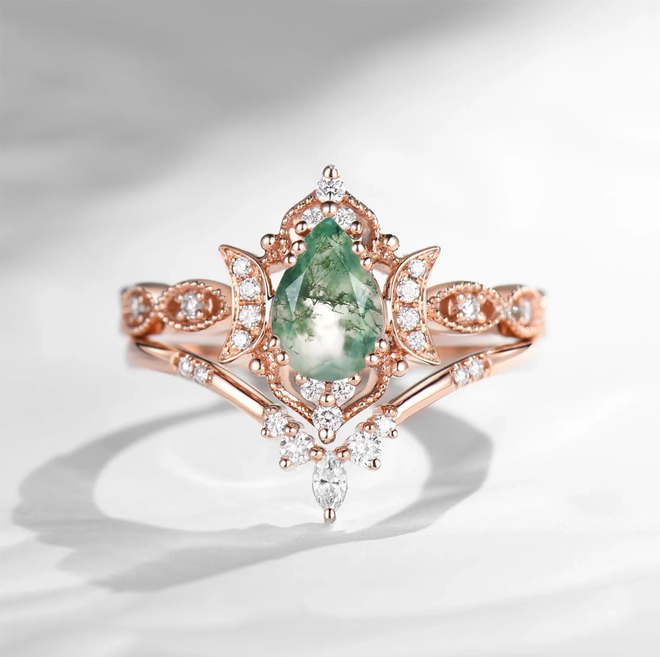 10K Rose Gold Pear Cut Moon Moss Agate Engagement Ring-1
