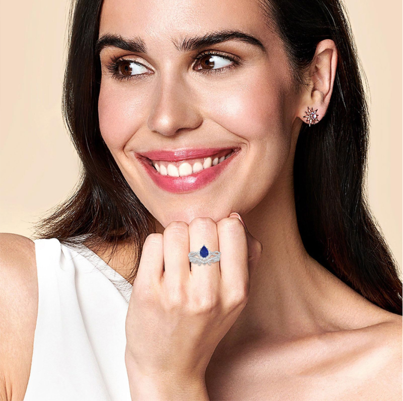 10K Rose Gold Pear Cut Sapphire & Diamond Lapis Lazuli Wedding Set for Women-2