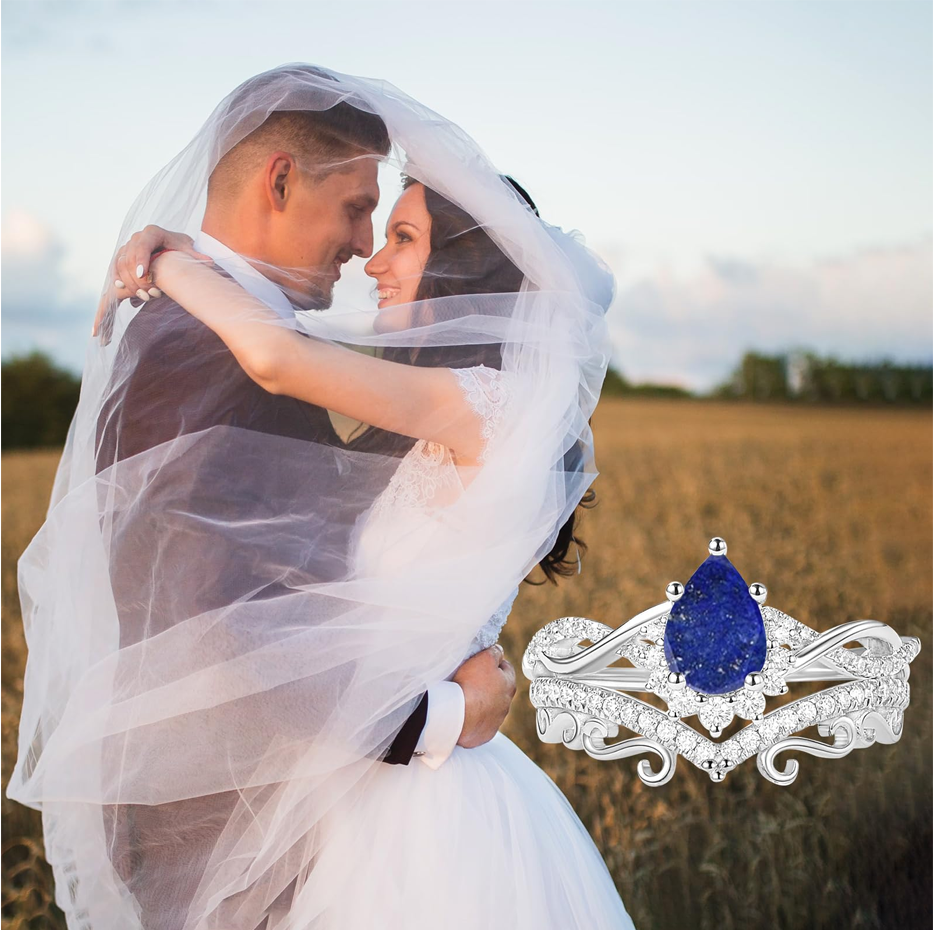 Parure da sposa in oro rosa 10 carati con zaffiro taglio a pera, diamanti e lapislazzuli per donna-3
