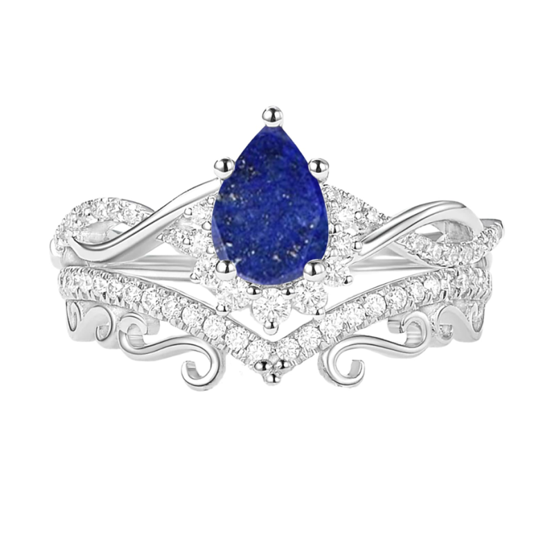 10K Rose Gold Pear Cut Sapphire & Diamond Lapis Lazuli Wedding Set for Women-5