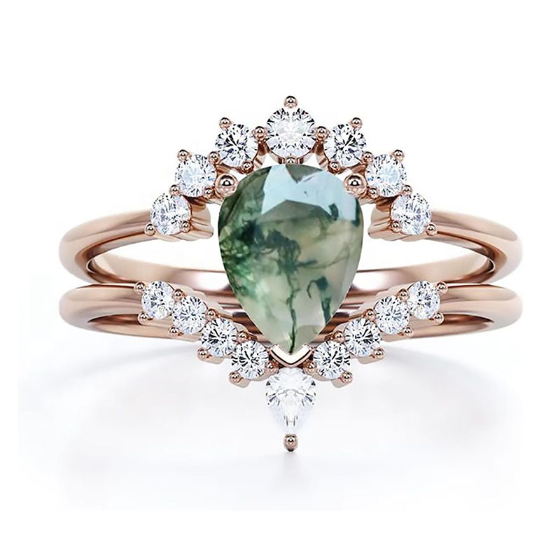 10K Rose Gold Pear Moss Agate With Moissanite Engagement Ring-1