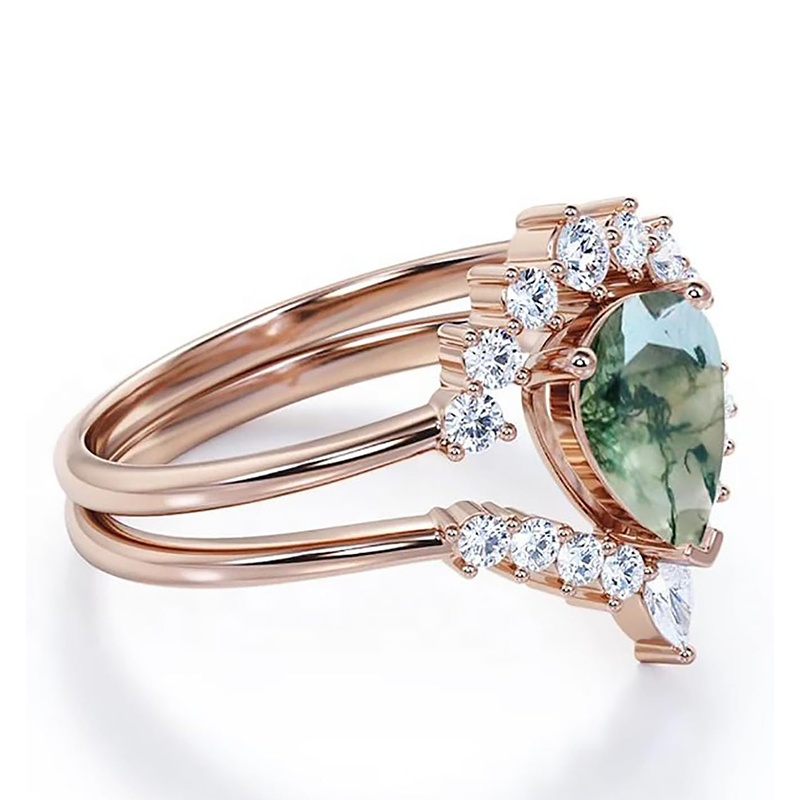 10K Rose Gold Pear Moss Agate With Moissanite Engagement Ring-2