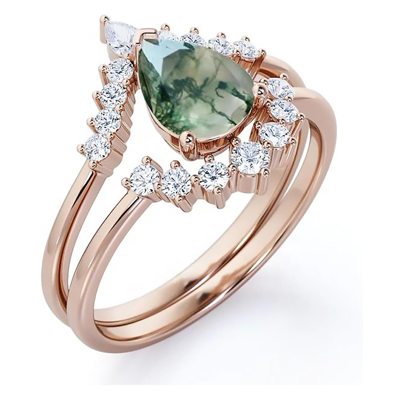 10K Rose Gold Pear Moss Agate With Moissanite Engagement Ring-3