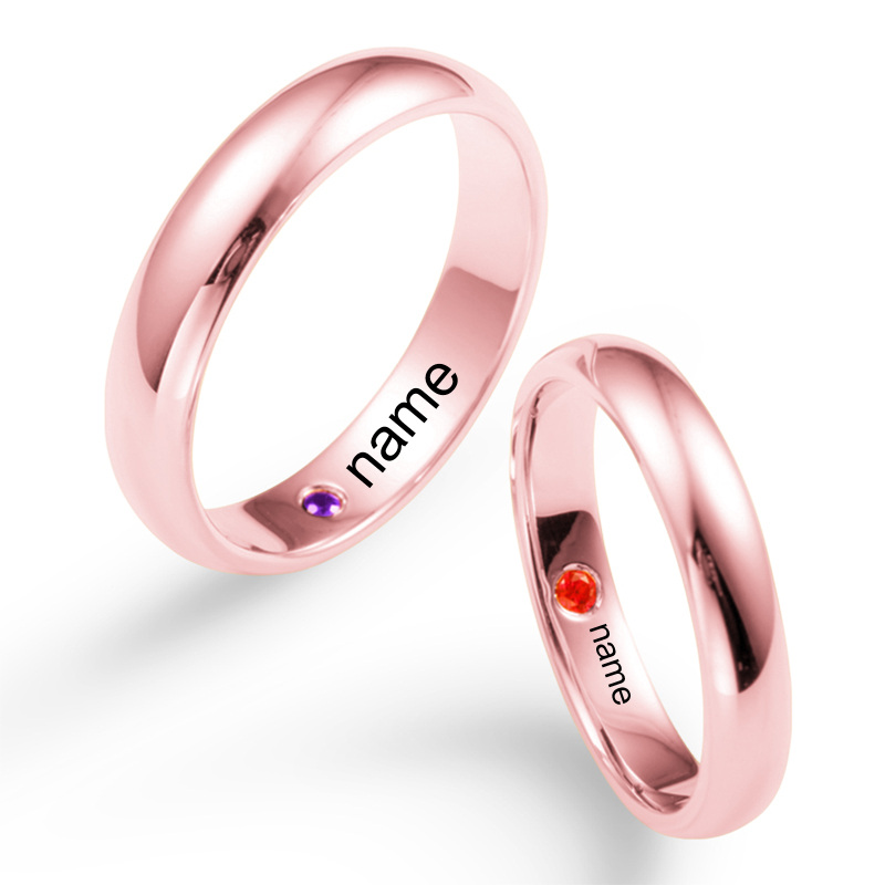 10K Rose Gold Cubic Zirconia Personalised Birthstone Engraving Couple Rings-1