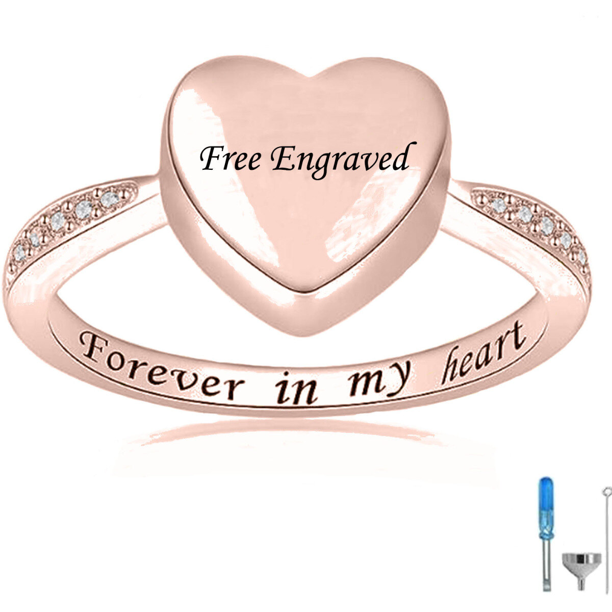 10K Rose Gold Cubic Zirconia Personalized Birthstone & Personalized Engraving & Heart Urn Ring-1