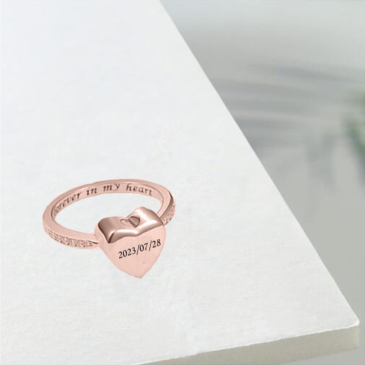 10K Rose Gold Cubic Zirconia Personalized Birthstone & Personalized Engraving & Heart Urn Ring-3