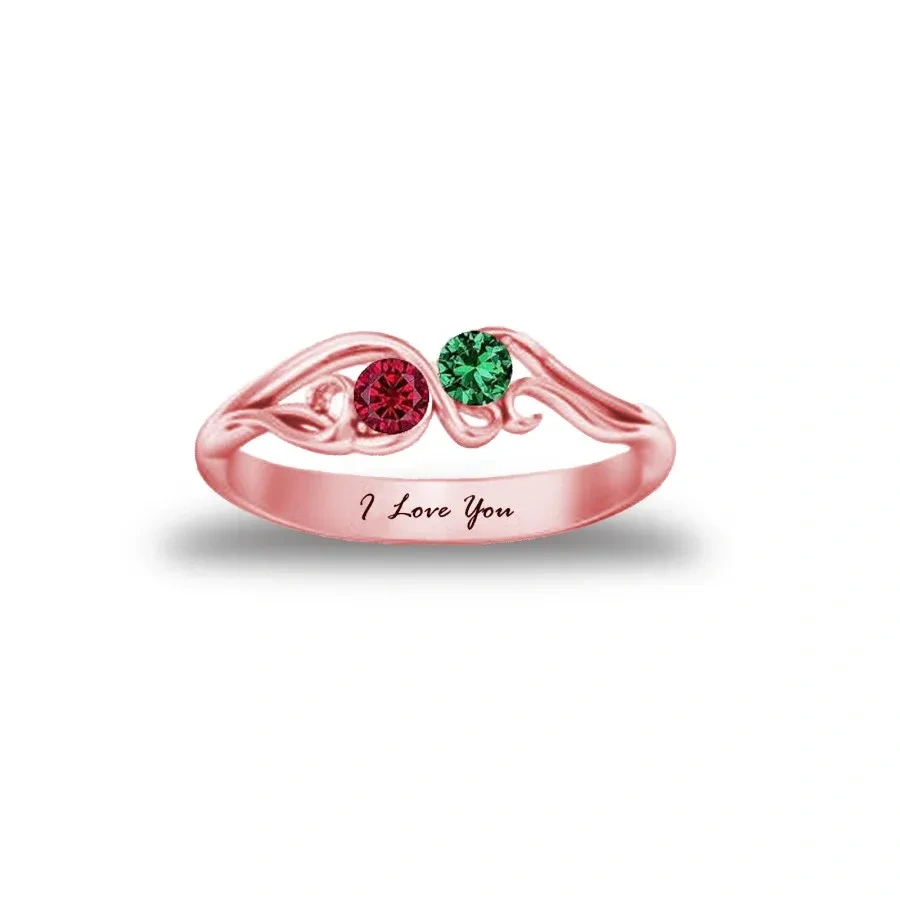 Bague avec pierre de naissance personnalisée en or rose 10 carats avec gravure personnalisée-1