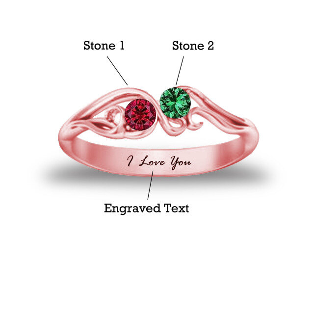 10K Rose Gold Personalized Birthstone & Personalized Engraving Birthstone Ring-2