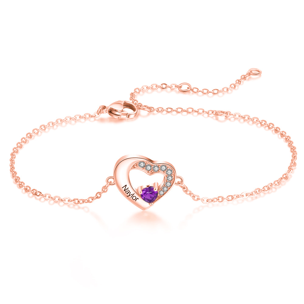 Armband mit personalisiertem Geburtssteinnamen und Herzanhänger aus 10 Karat Roségold mit Zirkonia-1