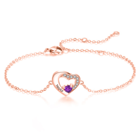 Bracciale con ciondolo a forma di cuore con pietra portafortuna personalizzata in oro rosa 10K e zirconi cubici