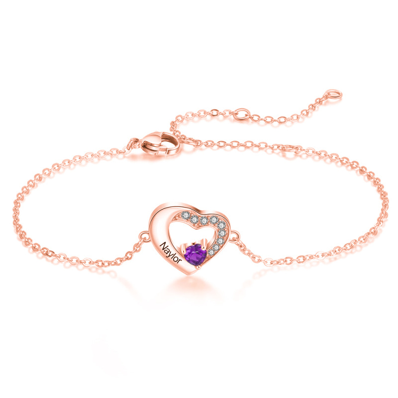 10K Rose Gold Cubic Zirconia Personalized Birthstone & Name With Heart Charm Bracelet-1