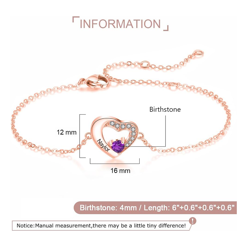 10K Rose Gold Cubic Zirconia Personalized Birthstone & Name With Heart Pendant Bracelet-3