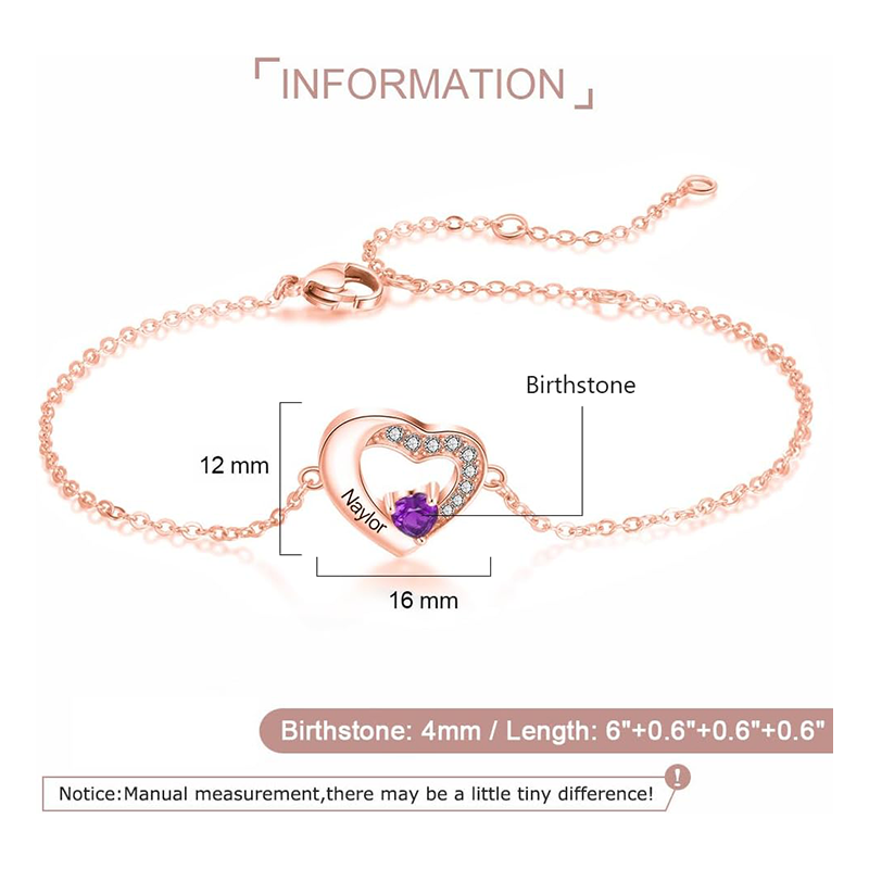 10K Rose Gold Cubic Zirconia Personalized Birthstone & Name With Heart Charm Bracelet-3