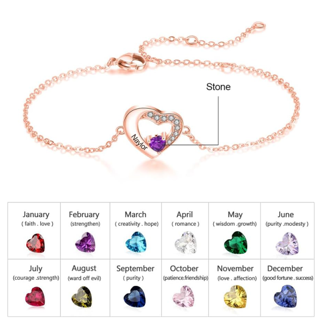 Pulsera personalizada con colgante de corazón y nombre de piedra natal con circonita cúbica en oro rosa de 10 quilates-4