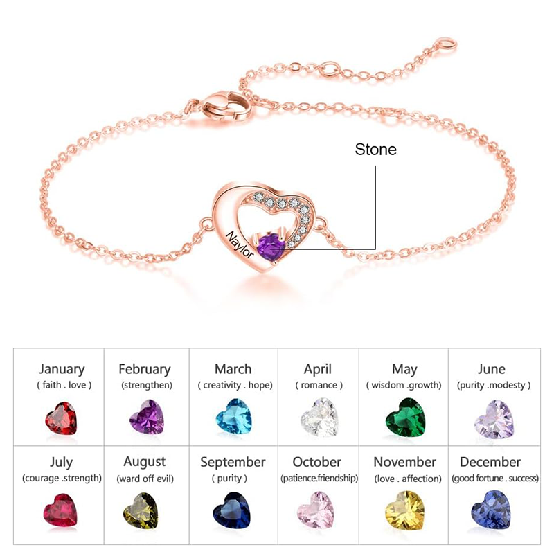 10K Rose Gold Cubic Zirconia Personalized Birthstone & Name With Heart Charm Bracelet-4