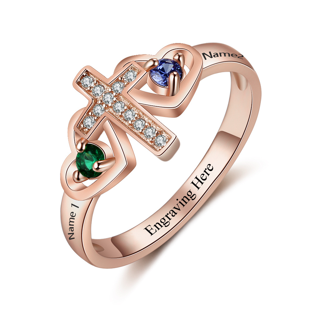 10K White Gold Cubic Zirconia Personalized Engraving & Cross & Heart Birthstone Ring-3