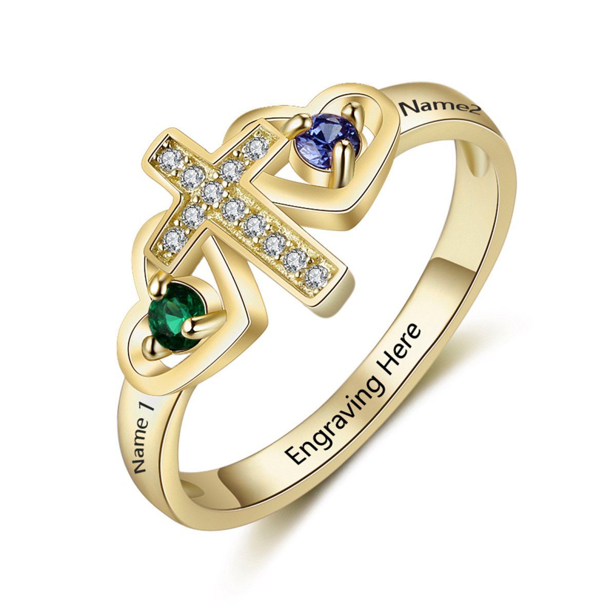 10K White Gold Cubic Zirconia Personalized Engraving & Cross & Heart Birthstone Ring-2