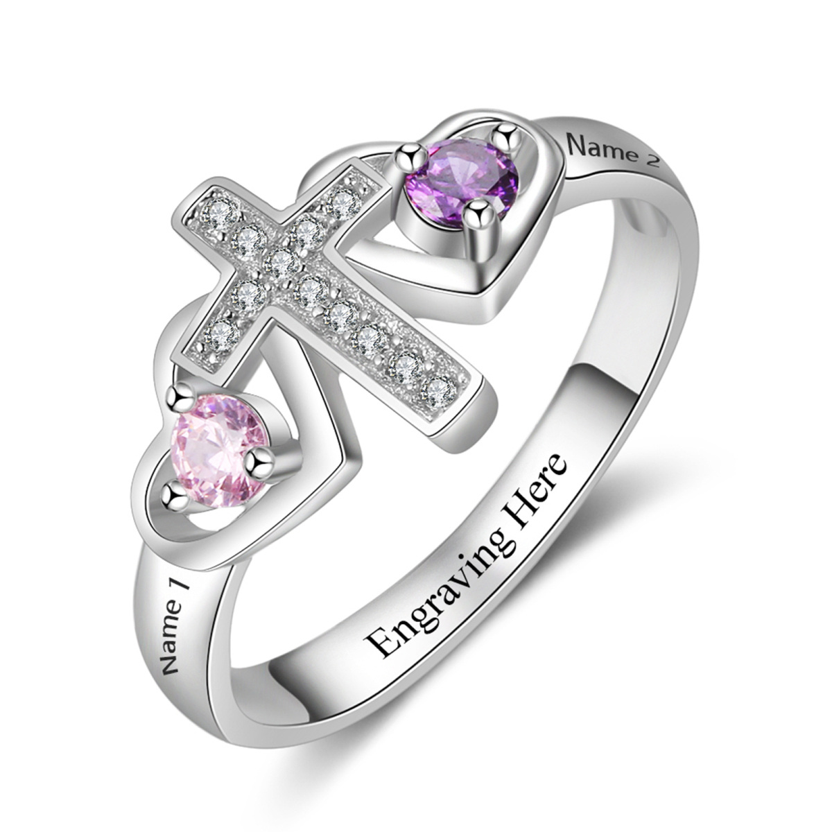 10K White Gold Cubic Zirconia Personalized Engraving & Cross & Heart Birthstone Ring-1