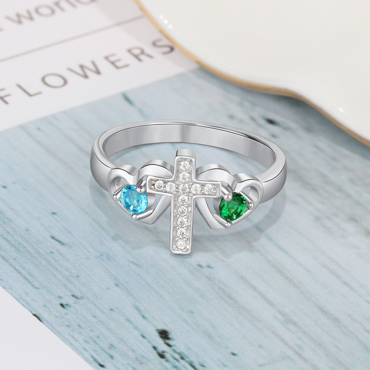 10K White Gold Cubic Zirconia Personalized Engraving & Cross & Heart Birthstone Ring-6