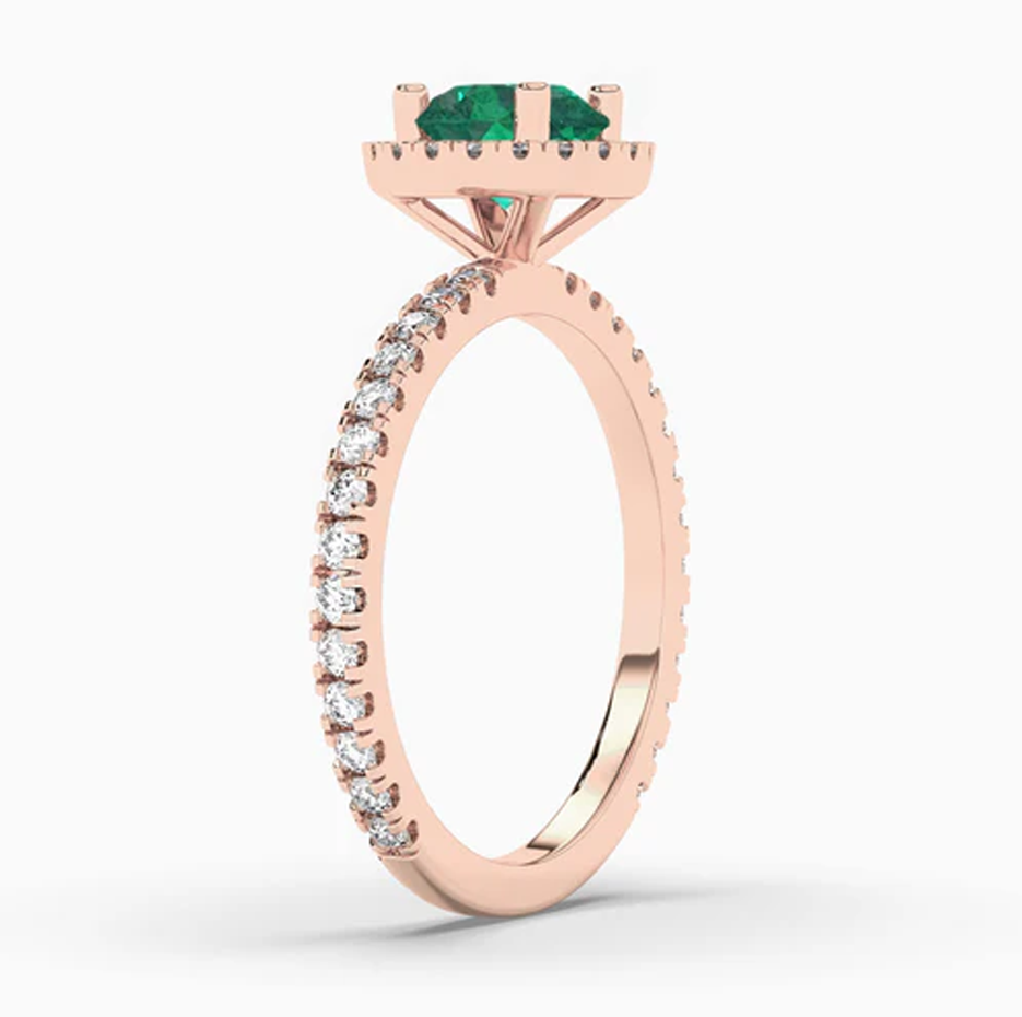 Anillo de compromiso de oro rosa de 10 quilates con halo de diamantes y esmeralda de talla redonda-3