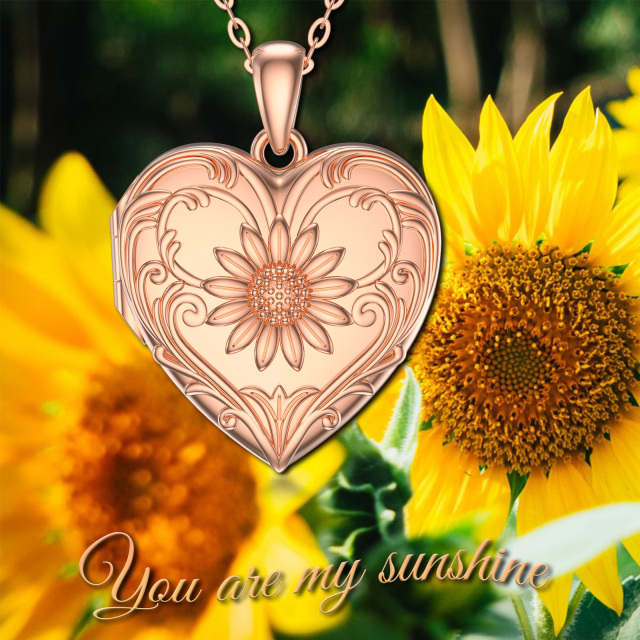 10K Rose Gold Sunflower Heart Personalized Engraving Photo Locket Necklace-7