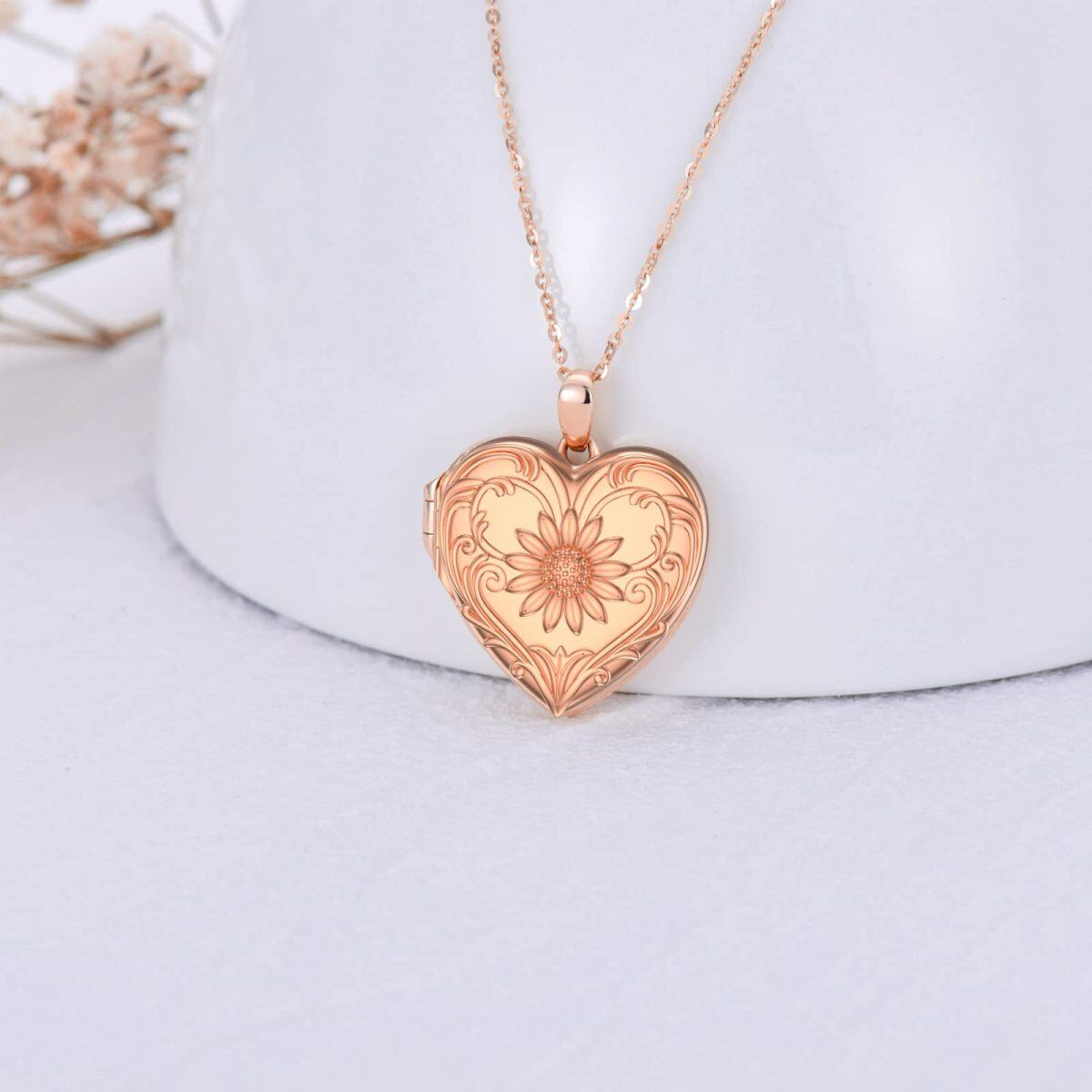 10K Rose Gold Sunflower Heart Personalized Engraving Photo Locket Necklace-3