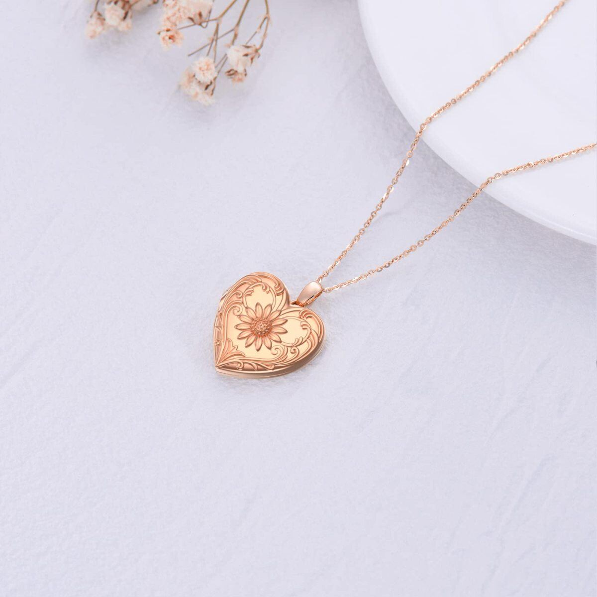 10K Rose Gold Sunflower Heart Personalized Photo Locket Necklace-4