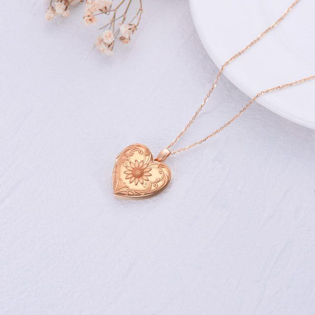 10K Rose Gold Sunflower Heart Personalized Engraving Photo Locket Necklace-4