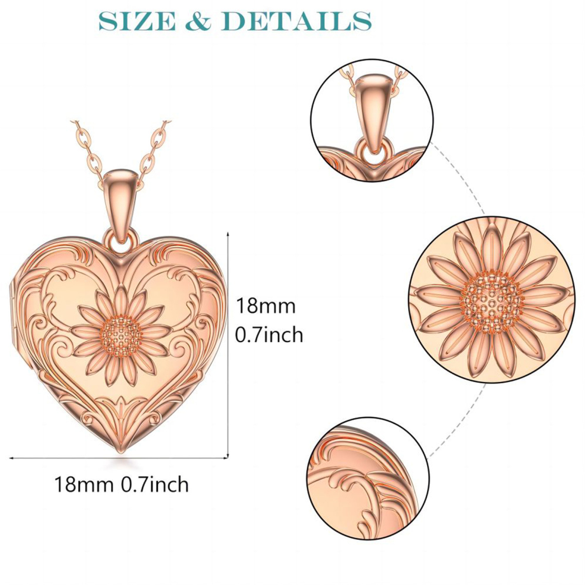 10K Rose Gold Sunflower Heart Personalized Engraving Photo Locket Necklace-6