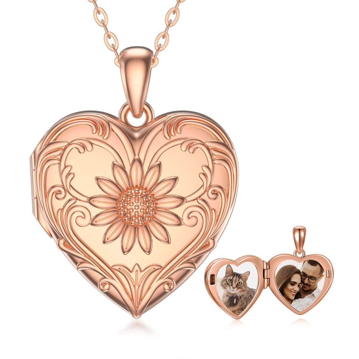 10K Rose Gold Sunflower Heart Personalized Photo Locket Necklace-1