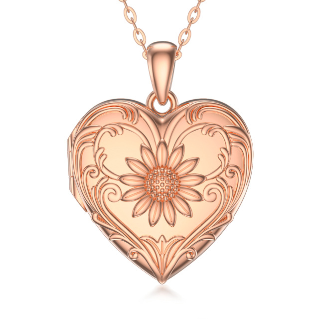 10K Rose Gold Sonnenblume & Herz personalisierte Foto Medaillon Halskette