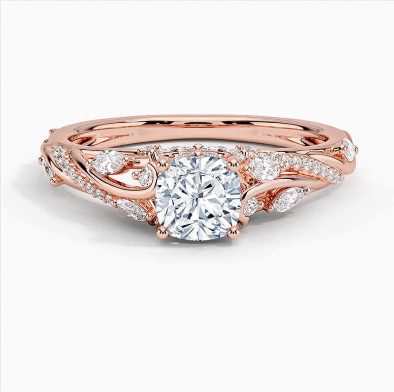 Obrączka zaręczynowa z motywem kwiatowym, wykonana z 10-karatowego różowego złota, o masie od 1 do 3,5 ct, szlifu poduszkowego, z diamentami laboratoryjnymi, certyfikat IGI-3