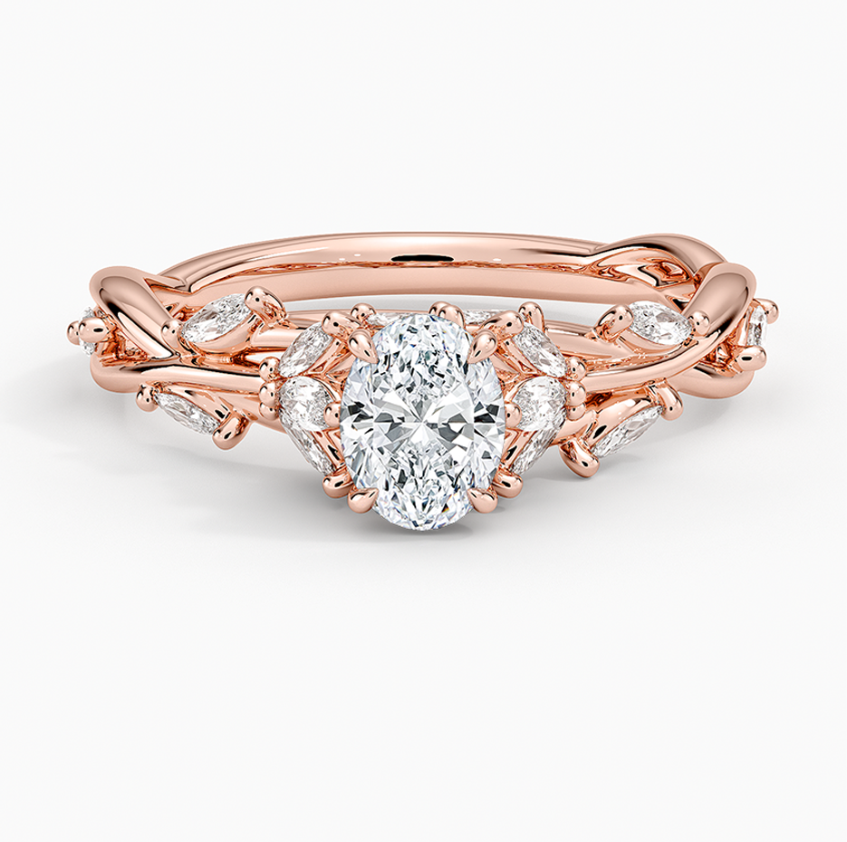 Anel de noivado em ouro rosa de 10 quilates com diamantes sintéticos de  lapidação oval de 1 a 3,5 quilates (CT.T.W.), certificado 3EX pelo IGI., image size:935x930