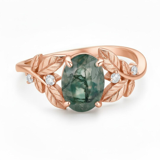 10K Rose Gold 1 to 5 CT Oval Cut Moss Agate Between the Leaf Engagement Band