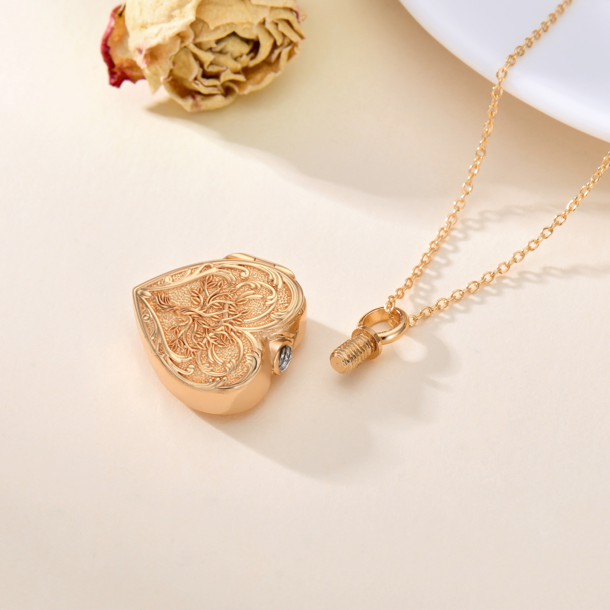 10K Rose Gold Tree Of Life Heart Personalized Engraving Photo Urn Necklace for Ashes-3