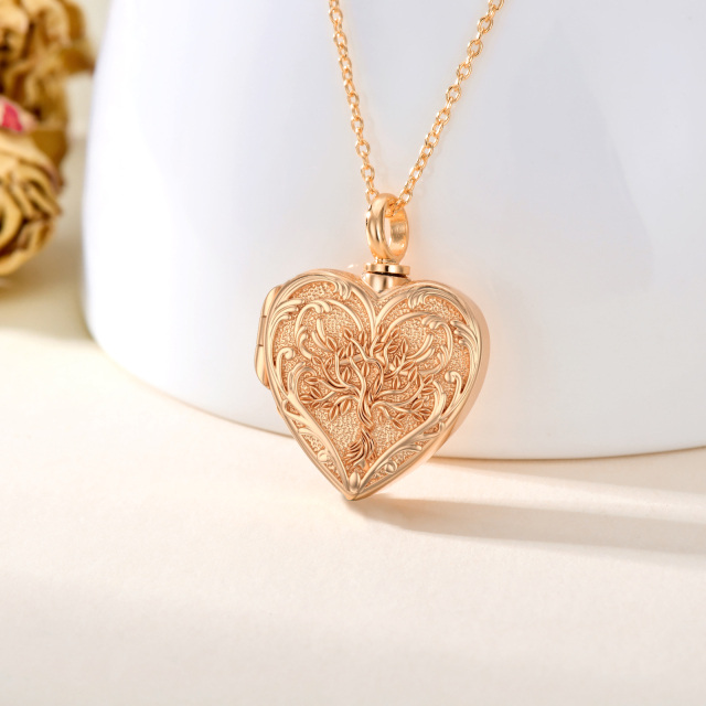 Collar con urna en forma de corazón con forma de árbol de la vida en oro rosa de 10 quilates para cenizas-4