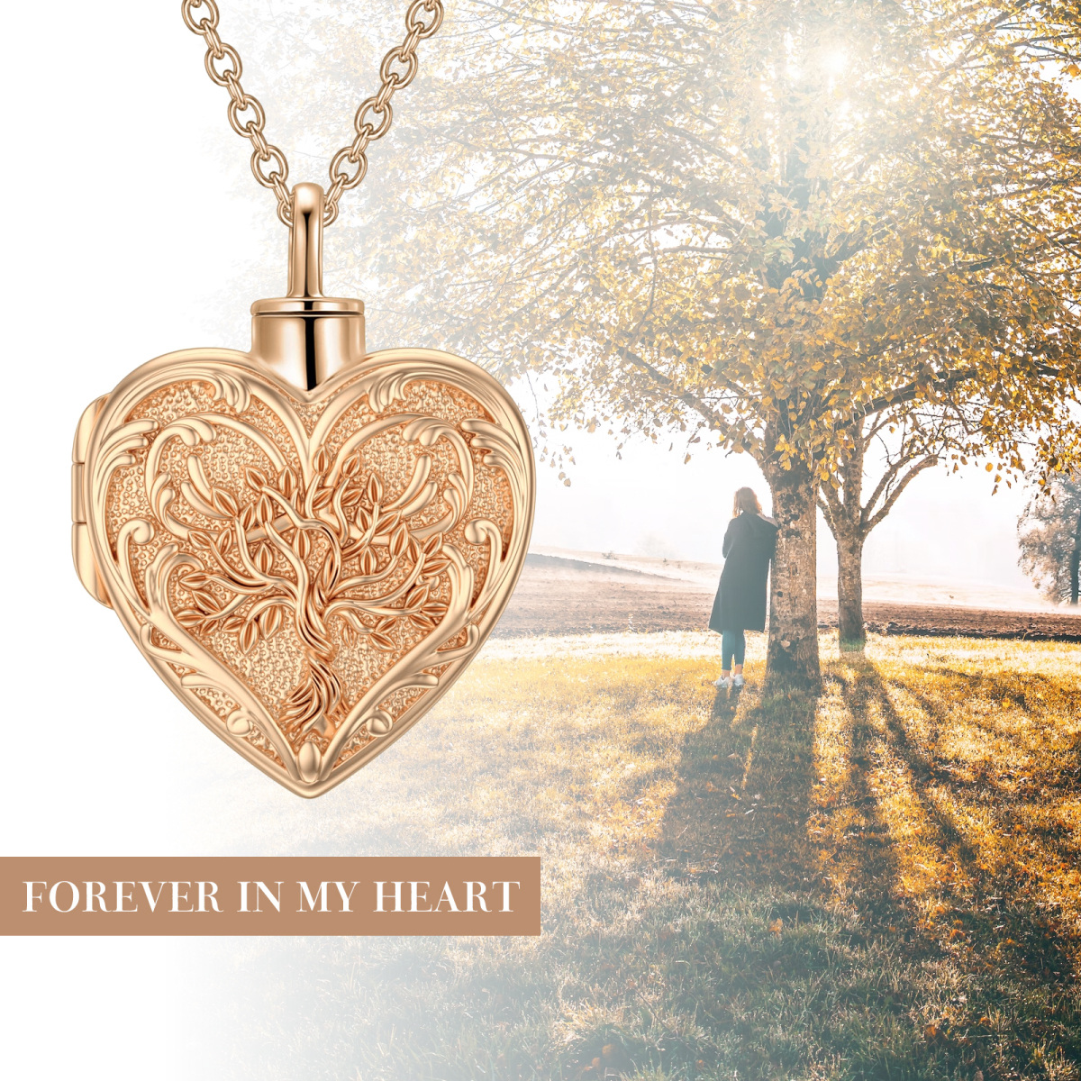 10K Rose Gold Tree Of Life Heart Personalized Engraving Photo Urn Necklace for Ashes-8