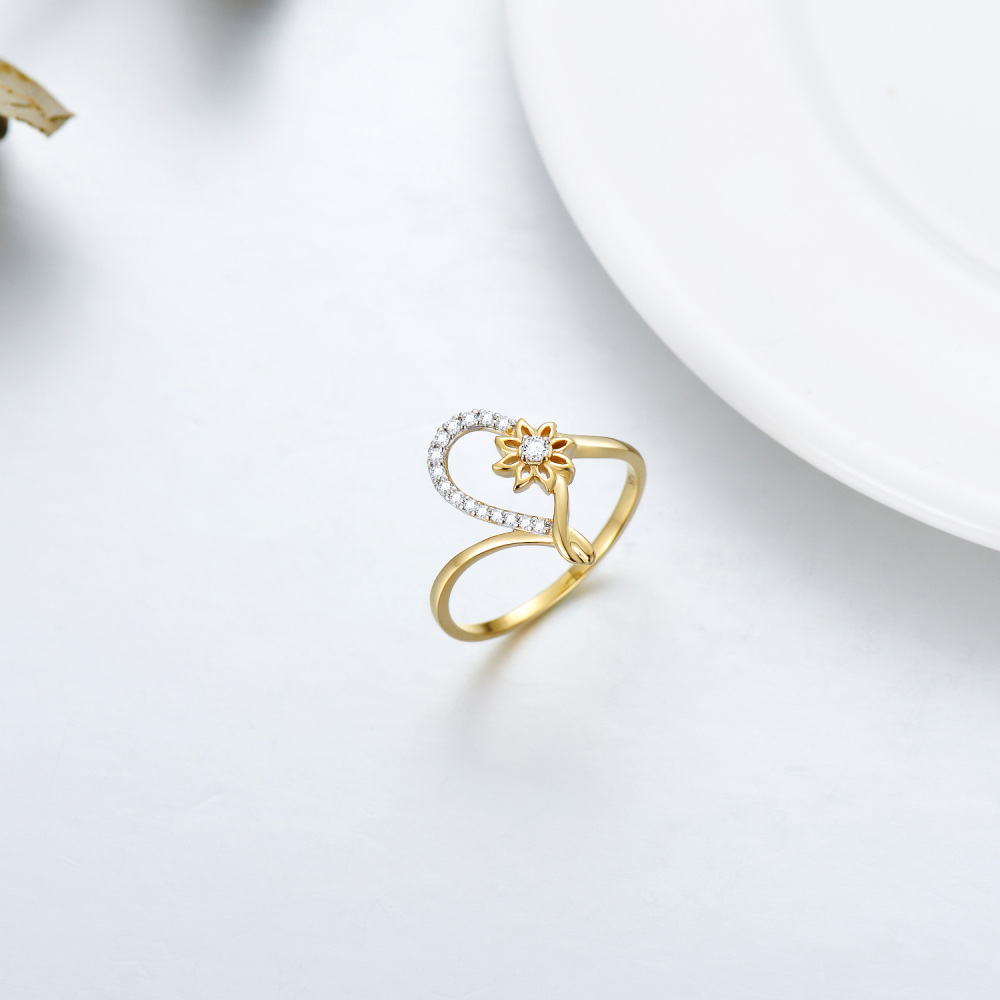 10K Silver & Gold Round Shaped Moissanite Sunflower Ring-4