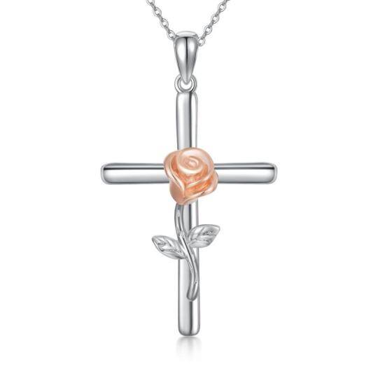 10K Silver & Rose Gold Rose & Cross Pendant Necklace