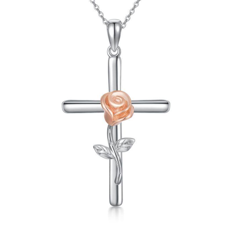 10K Silver & Rose Gold Rose & Cross Pendant Necklace-4