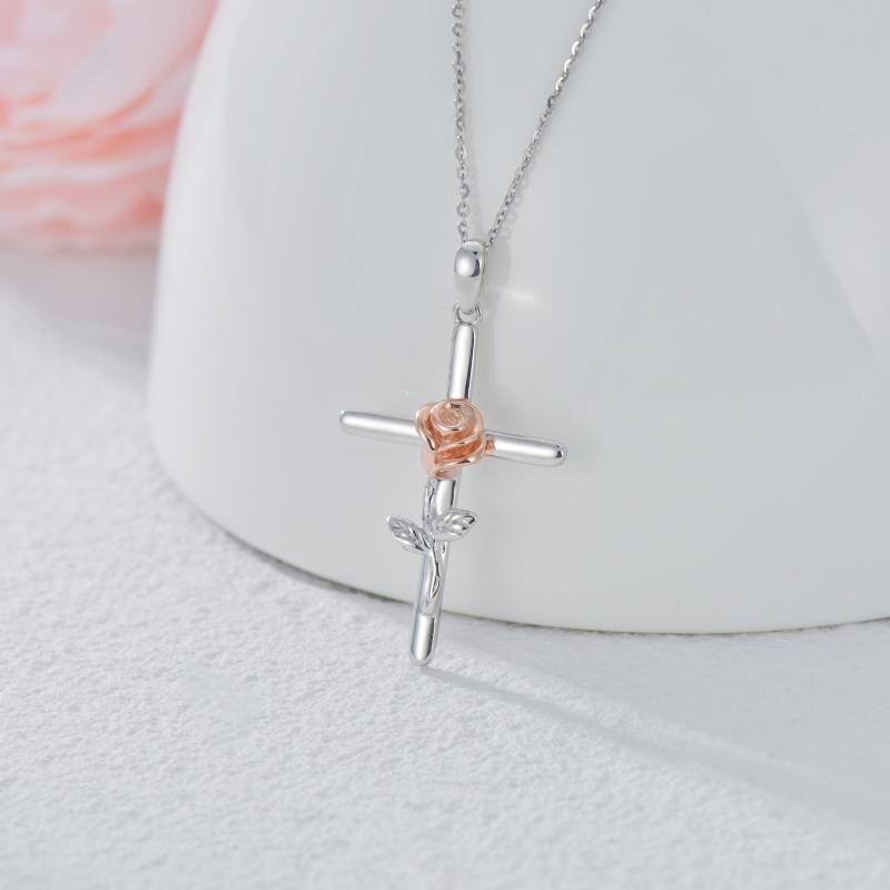 10K Two-Tone Rose & Cross Pendant Necklace For Women-3