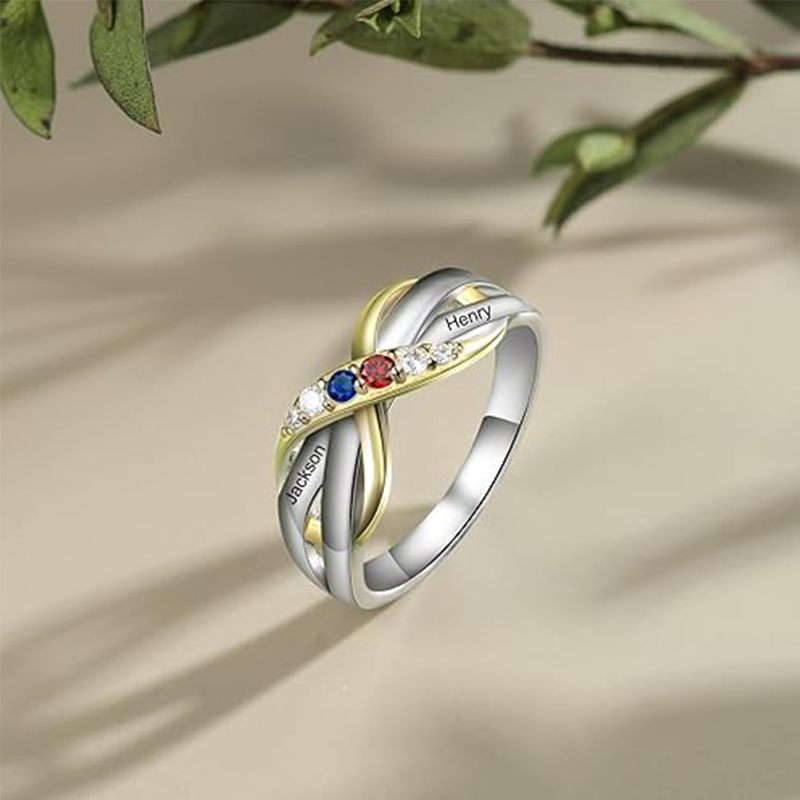 Bague infini avec nom de pierre de naissance personnalisé en zircon circulaire bicolore 10K-2