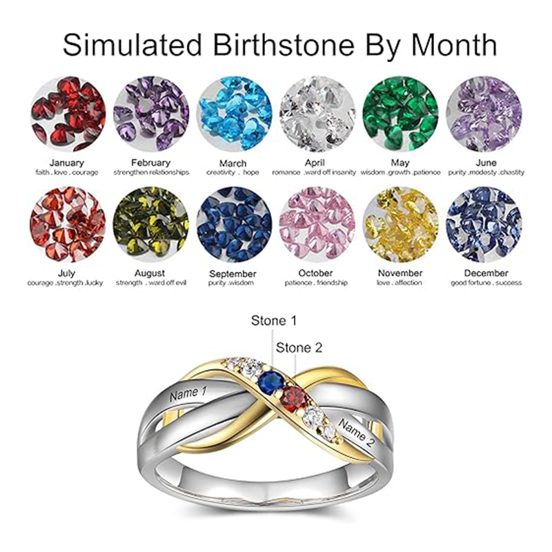 10K Two-tone Circular Zircon PersonaIized Birthstone Name Infinity Ring-4